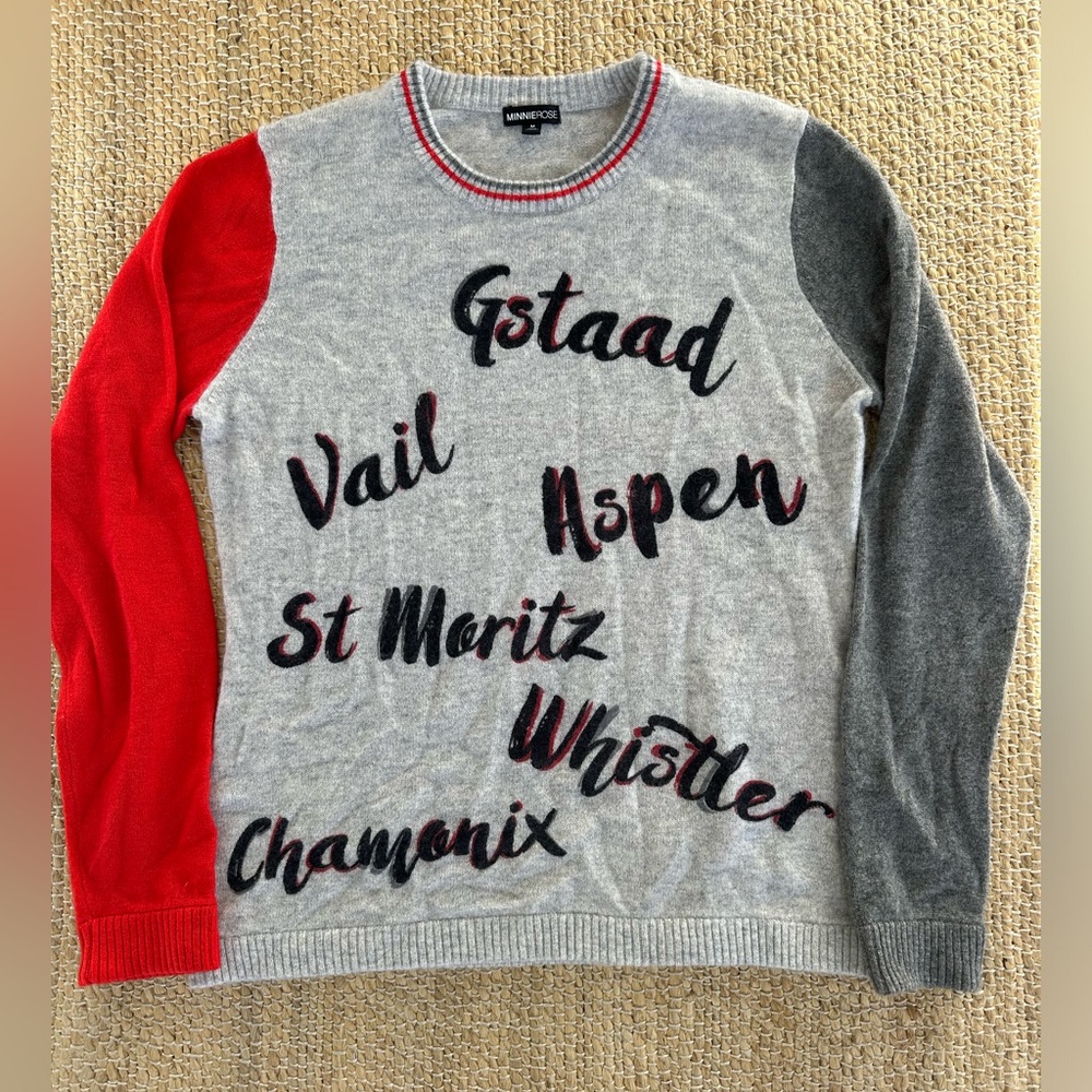 Minnie Rose 100% cashmere sweater ski destination sweater red gray‎ black sz.M